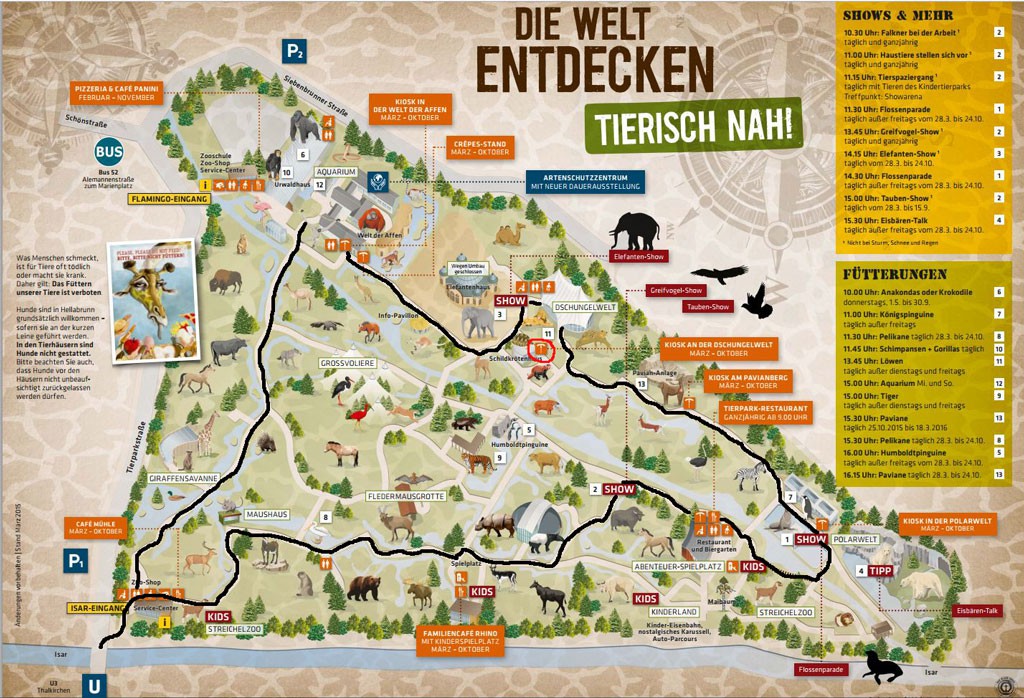 Karte des Tierparks Hellabrunn mit Lieblingsroute
